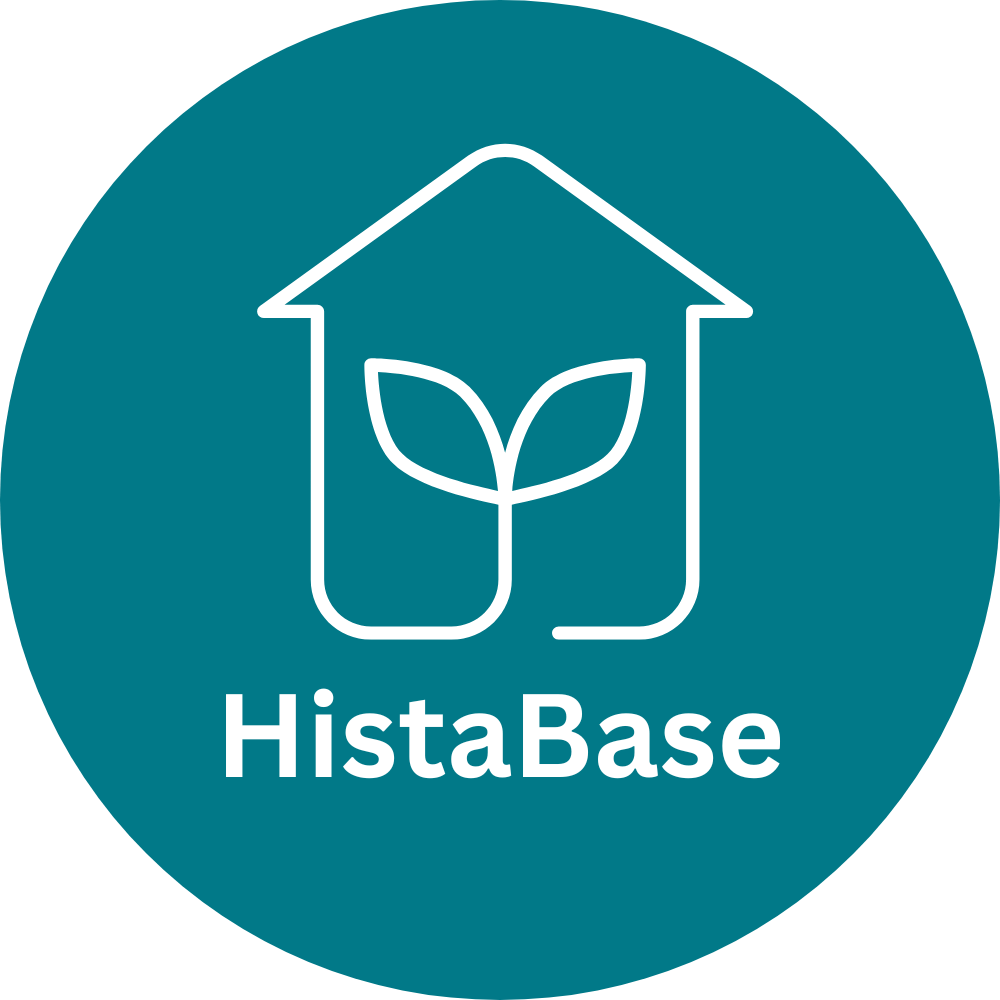 Icon in Form eines Hauses mit Pflanze und Schriftzug HistaBase
